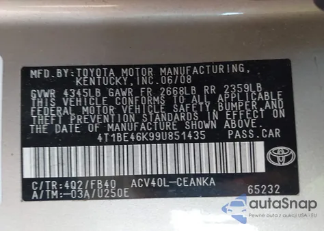 2009 Toyota Camry Le из США, поврежденный, VIN 4T1BE46K99U851435